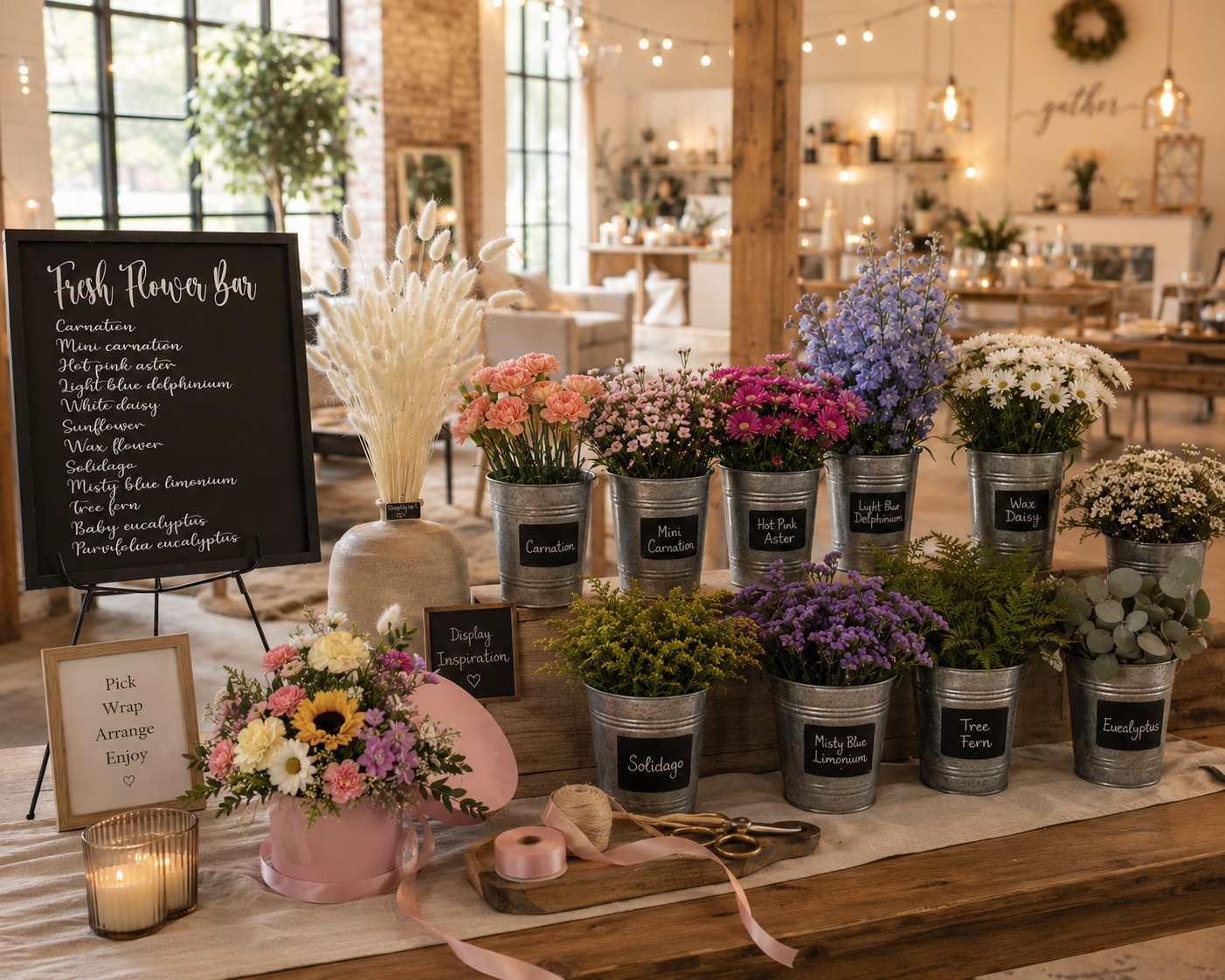 Indoor fresh flower bar with chalkboard stem list