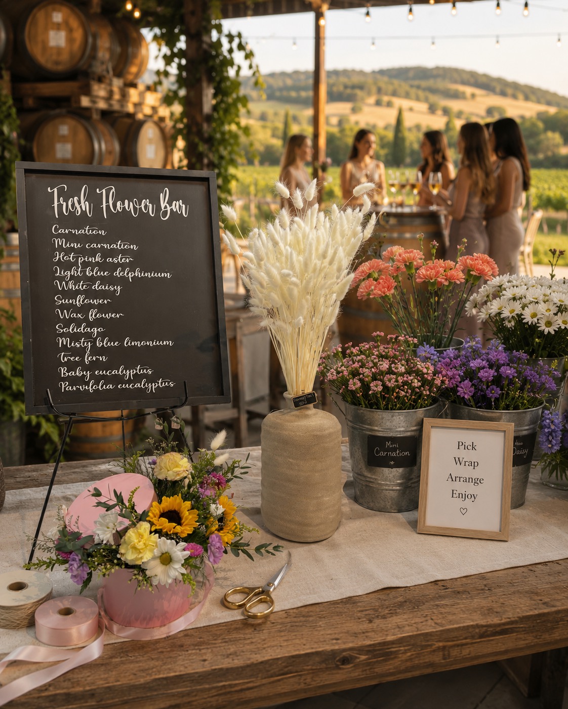 Outdoor flower bar display with fresh stems and bouquet supplies