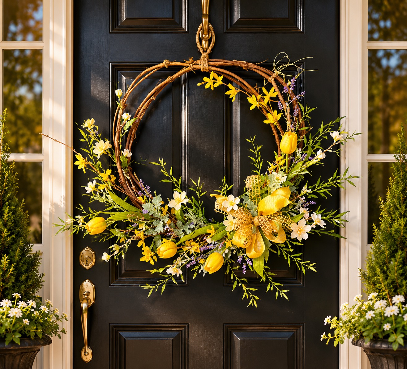 Yellow floral wreath on a black front door