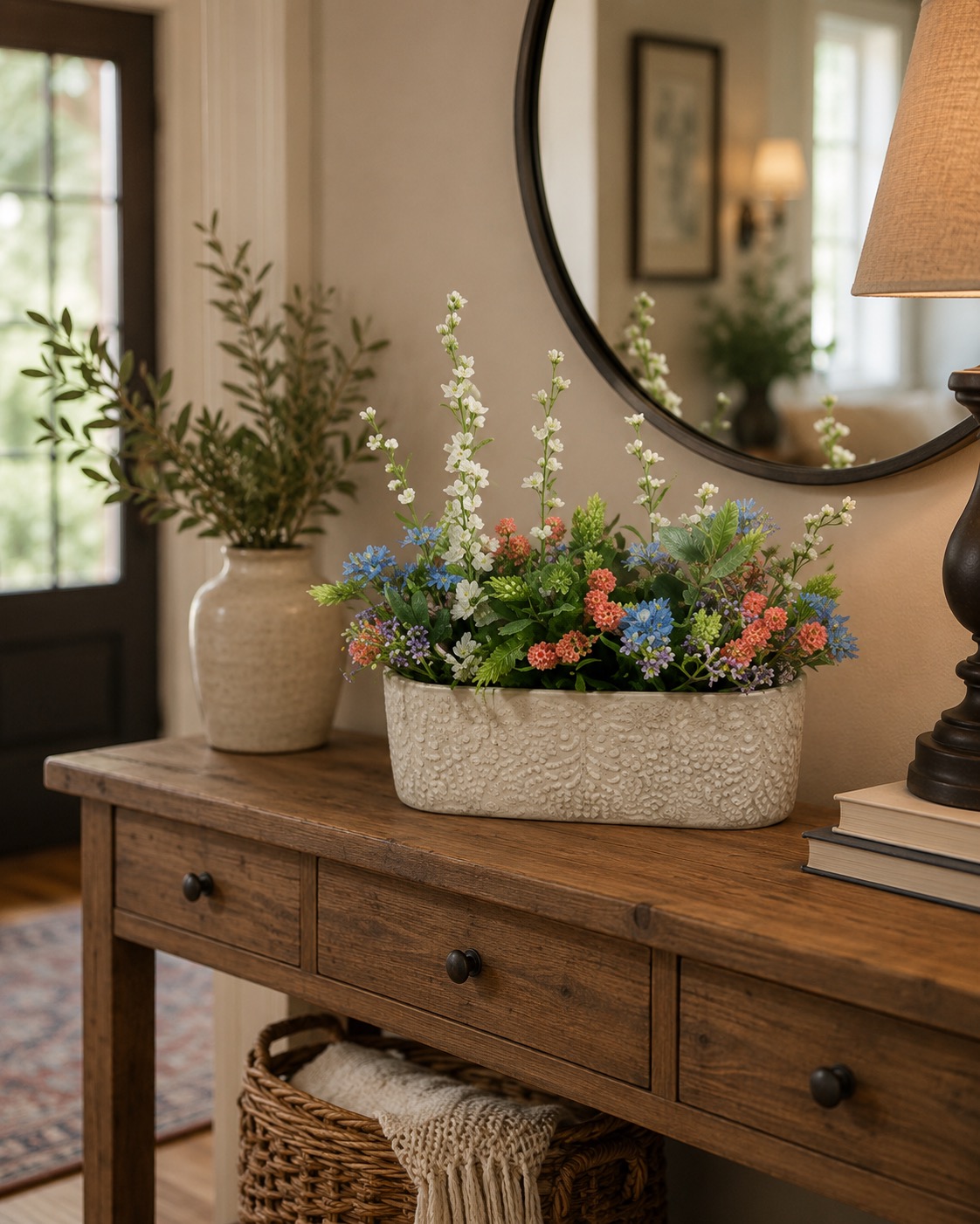 Tabletop planter with blue, coral, and white flowers