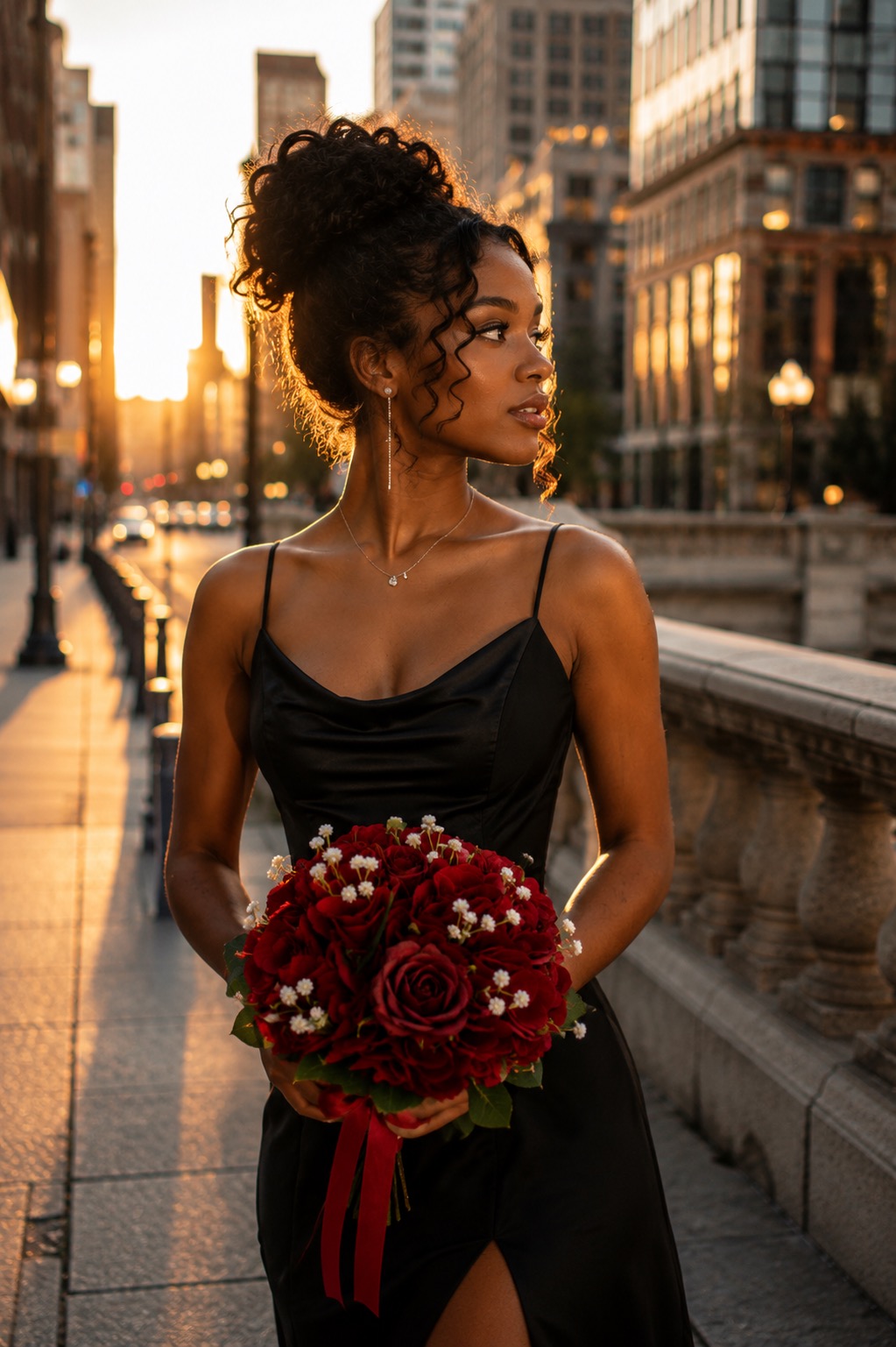Black prom dress with red prom flowers