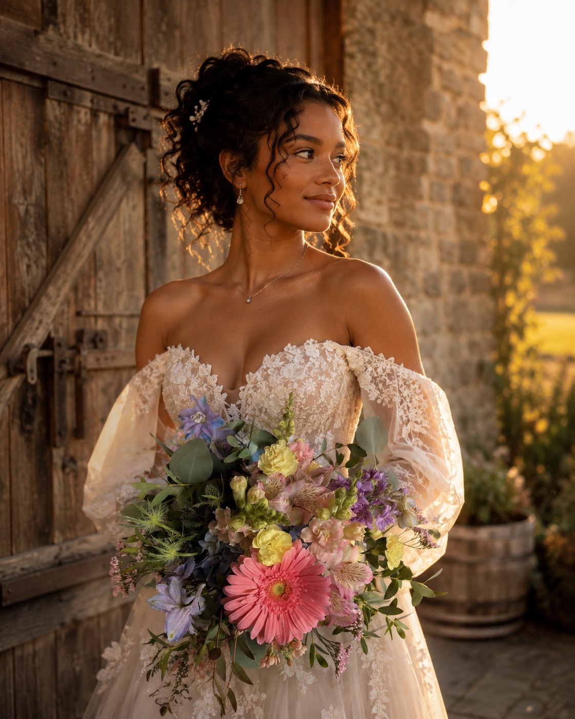 Bride with pastel garden-style wedding bouquet