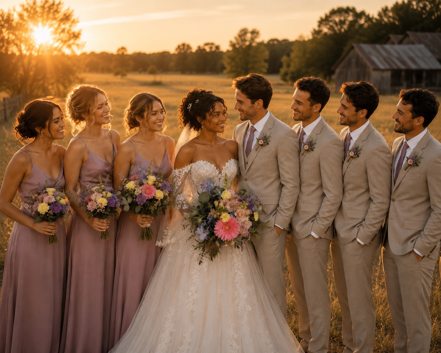 Wedding party with coordinated pastel bouquets and boutonnieres